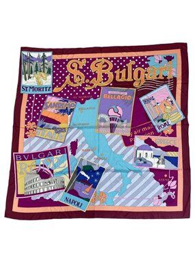 Bvlgari Scarf Shawl with Large Charm Silk Logo Purple Gold